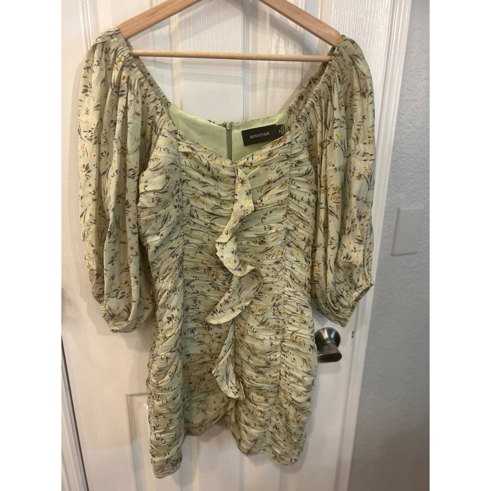MINKPINK‎ Mini Dress Sage Green Floral Ruched Ruffle Puff Sleeve Cottagecore XS